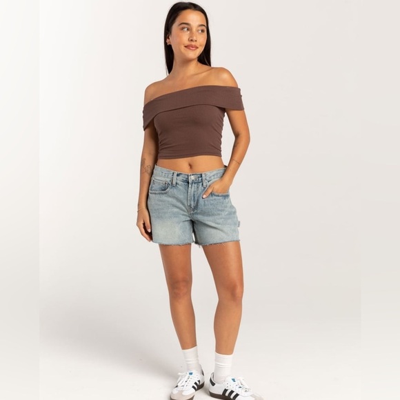 NWT Commense Stretchy Ribbed Off The Shoulder Open Back Brown Tube Crop Top - Picture 1 of 5